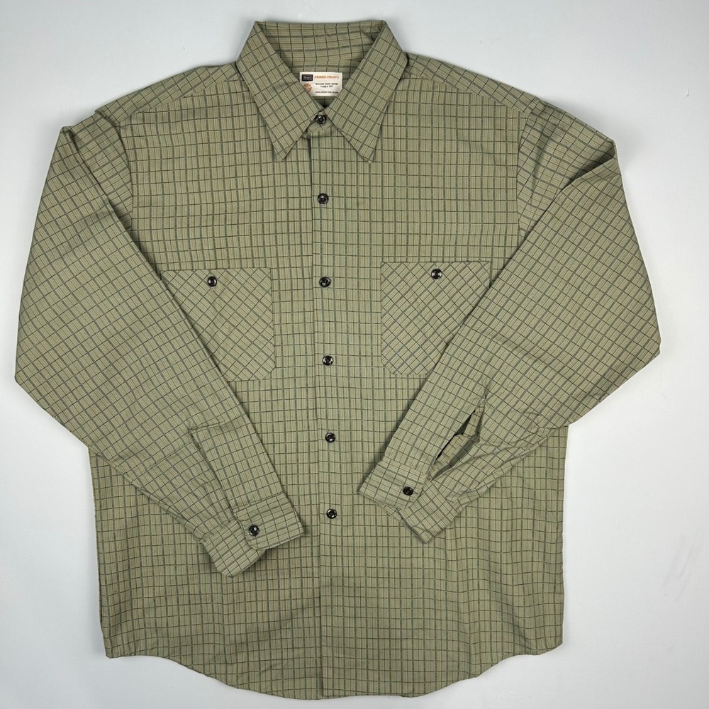 Vintage Sears Perma-Prest Work Shirt Mens Olive Green Plaid Grid Button Down L/S